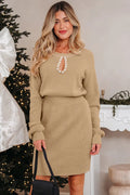 Pearl Embellished Keyhole Ribbed Sweater Dress - Beige / S - Occasionwear/party dress