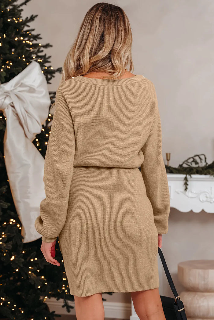 Pearl Embellished Keyhole Ribbed Sweater Dress - Occasionwear/party dress