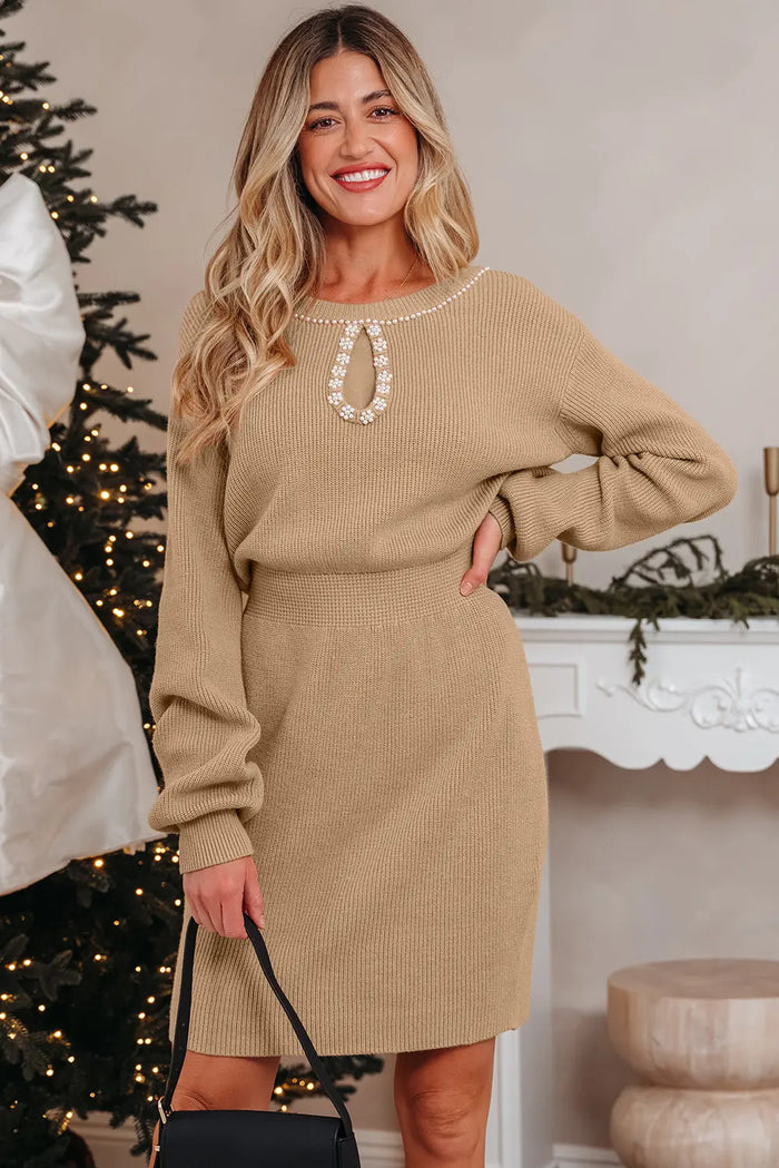Pearl Embellished Keyhole Ribbed Sweater Dress - Occasionwear/party dress