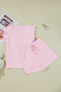 Pink Bow Jacquard Ruffle Sleeve Short 2pcs Outfit Co-ord - S / 97% Polyester + 3% Elastane - Two Piece Sets/Short Sets
