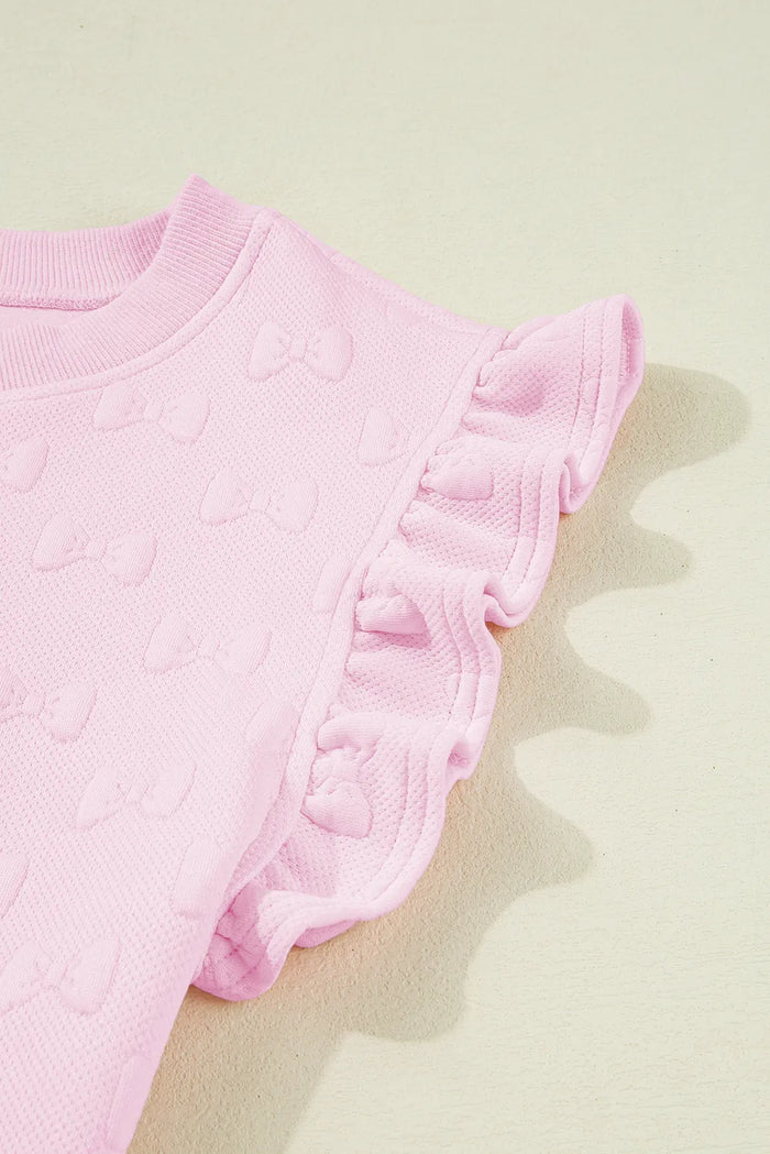 Pink Bow Jacquard Ruffle Sleeve Short 2pcs Outfit Co-ord - Two Piece Sets/Short Sets