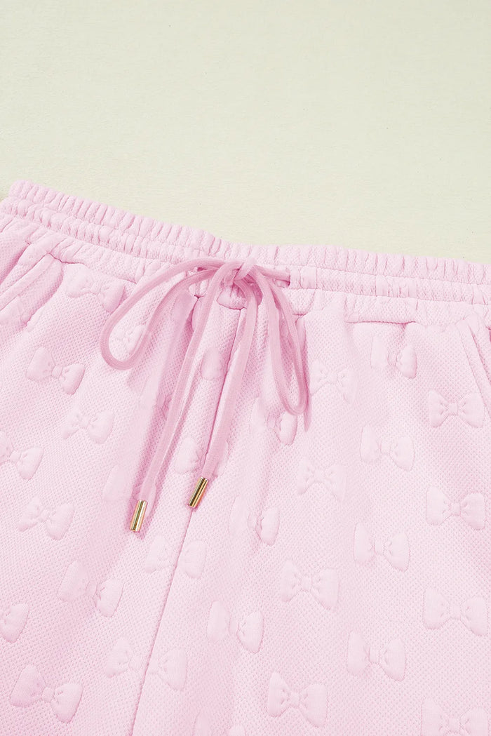 Pink Bow Jacquard Ruffle Sleeve Short 2pcs Outfit Co-ord - Two Piece Sets/Short Sets