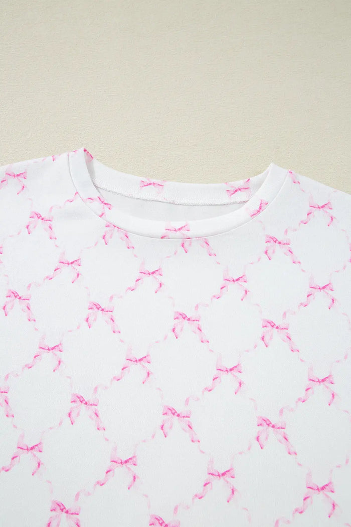 Pink Bow Knot Geometric Print Lettuce Trim Two Piece Pyjamas - Loungewear & Sleepwear/Pyjama Shorts