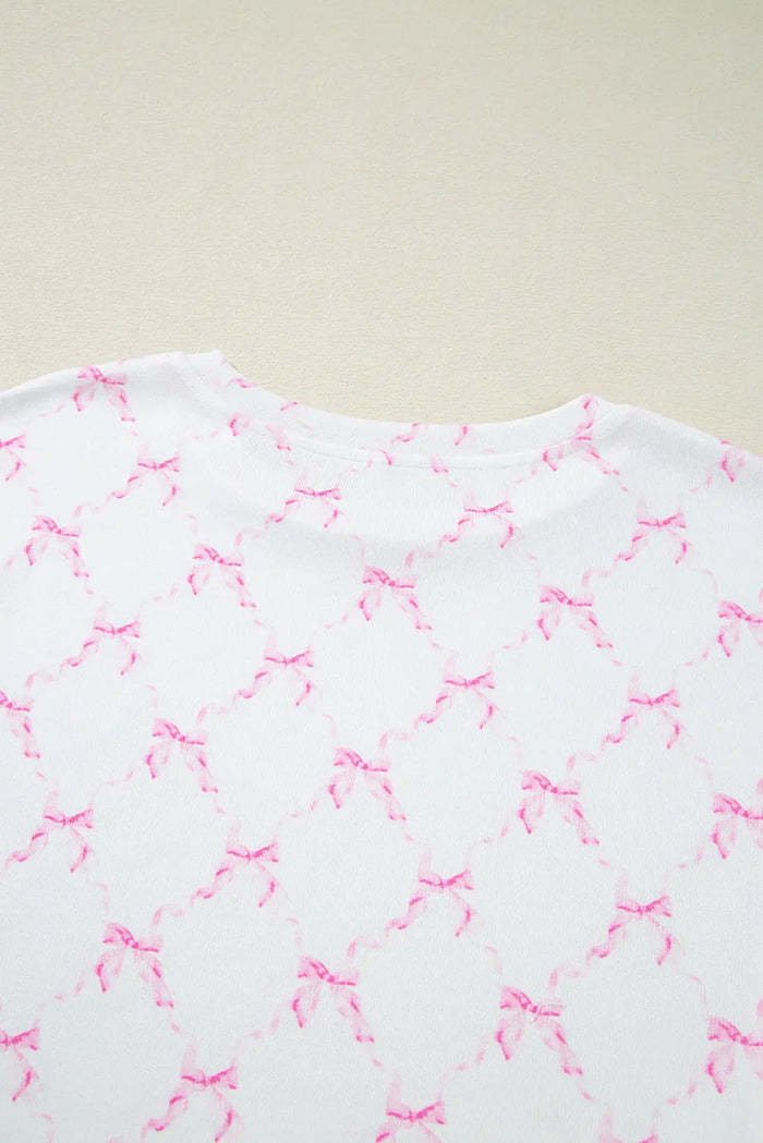 Pink Bow Knot Geometric Print Lettuce Trim Two Piece Pyjamas - Loungewear & Sleepwear/Pyjama Shorts