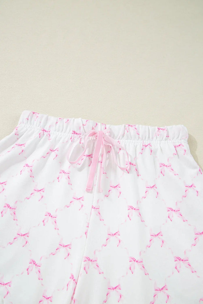 Pink Bow Knot Geometric Print Lettuce Trim Two Piece Pyjamas - Loungewear & Sleepwear/Pyjama Shorts
