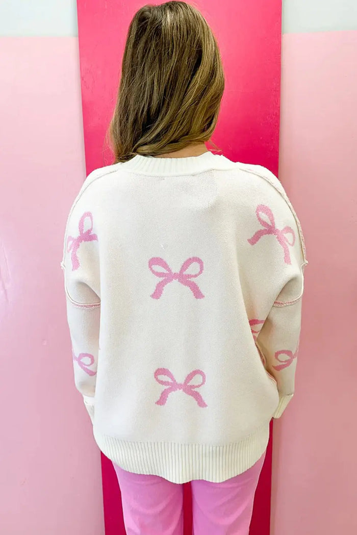 Pink Bow Print Ribbed Trim Exposed Seam Drop Shoulder Loose Sweater - Sweaters & Cardigans/Sweaters