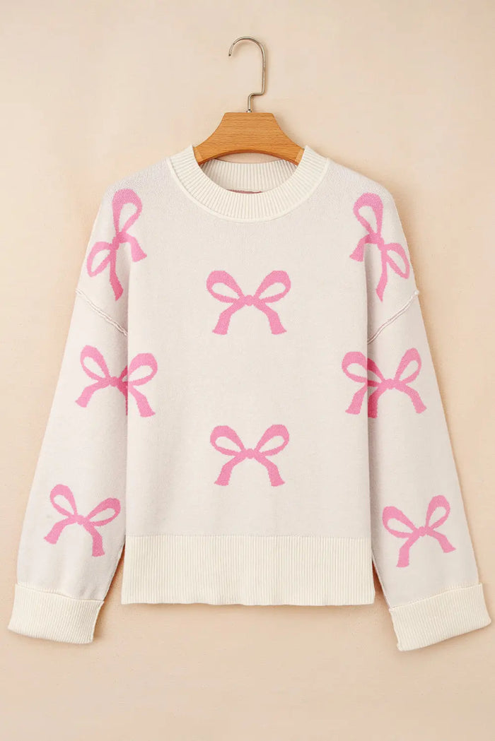Pink Bow Print Ribbed Trim Exposed Seam Drop Shoulder Loose Sweater - Sweaters & Cardigans/Sweaters