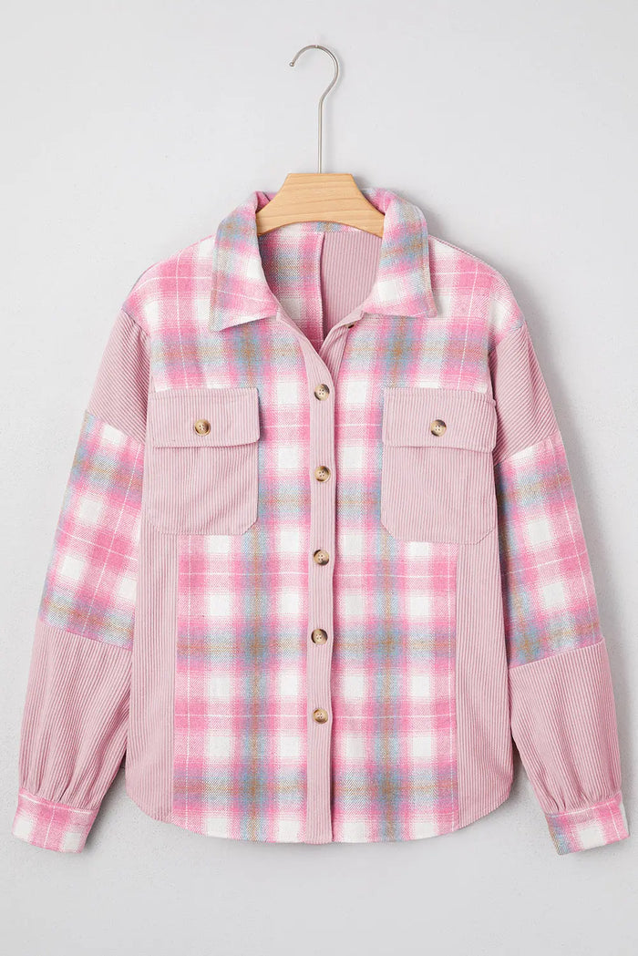 Pink Brushed Plaid Ribbed Flap Pockets Patchwork Shacket - Outerwear/Jackets