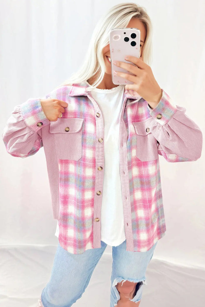 Pink Brushed Plaid Ribbed Flap Pockets Patchwork Shacket - Outerwear/Jackets