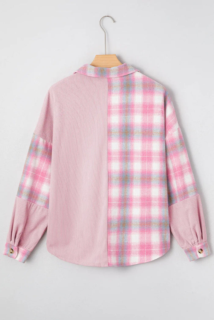 Pink Brushed Plaid Ribbed Flap Pockets Patchwork Shacket - Outerwear/Jackets