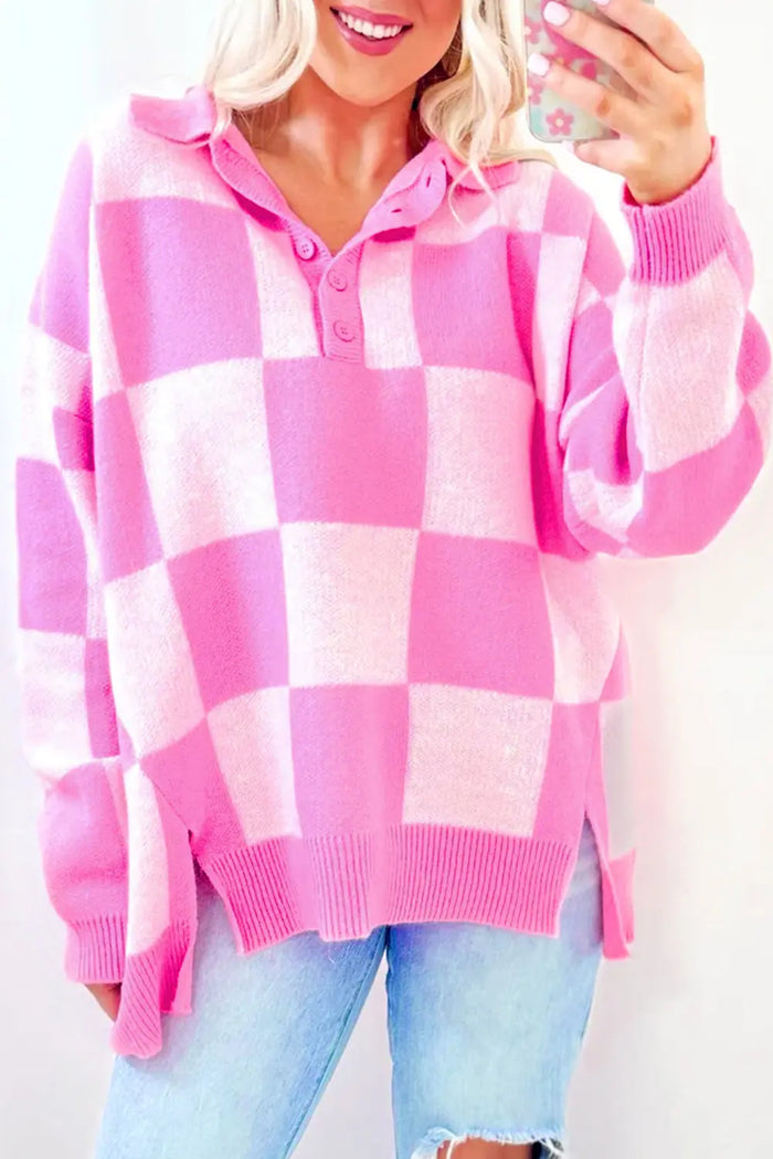 Pink Checkerboard Half Button Collared Drop Shoulder Sweater - S - Sweaters & Cardigans/Sweaters