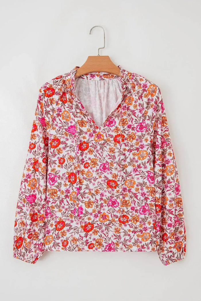 Pink Floral Print Tie Split Neck Bracelet Sleeve Blouse - Tops/Blouses & Shirts