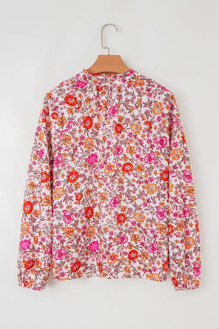 Pink Floral Print Tie Split Neck Bracelet Sleeve Blouse - Tops/Blouses & Shirts