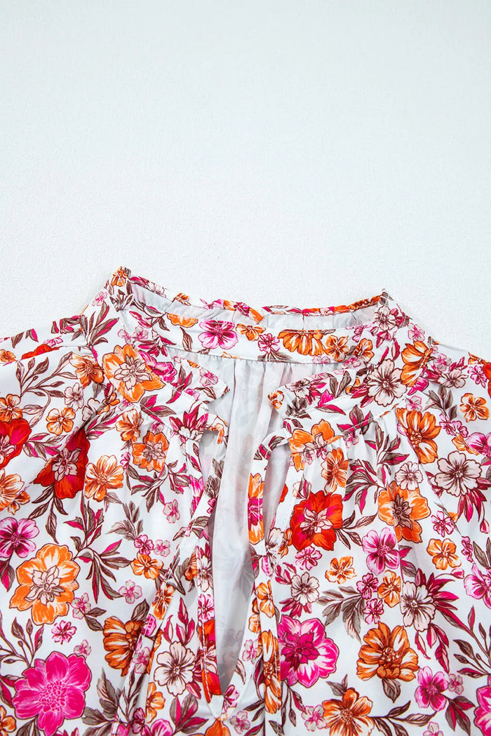 Pink Floral Print Tie Split Neck Bracelet Sleeve Blouse - Tops/Blouses & Shirts