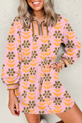 Pink Floral Print Zip Neck Striped Patchwork Long Sleeve Drawstring Dress - S - Dresses/Mini Dresses