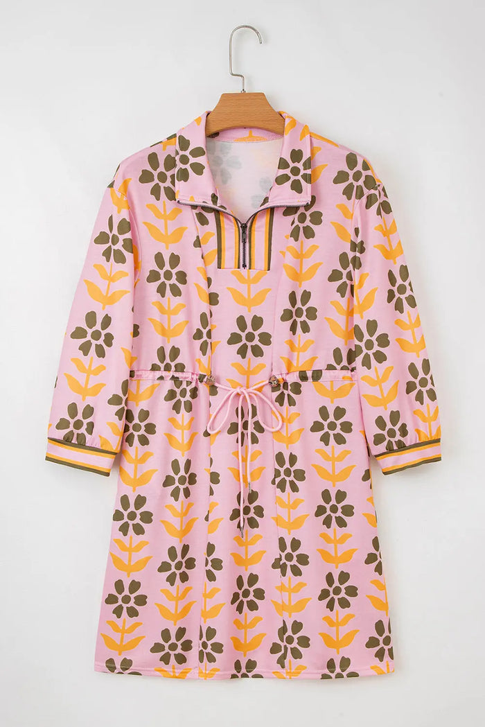 Pink Floral Print Zip Neck Striped Patchwork Long Sleeve Drawstring Dress - Dresses/Mini Dresses