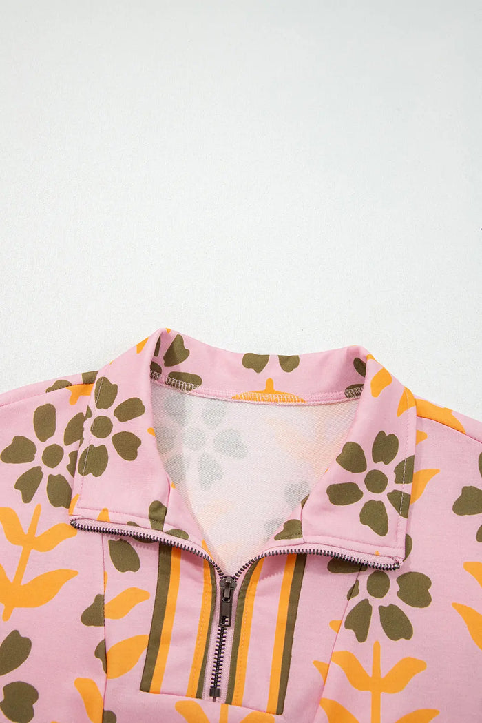 Pink Floral Print Zip Neck Striped Patchwork Long Sleeve Drawstring Dress - Dresses/Mini Dresses