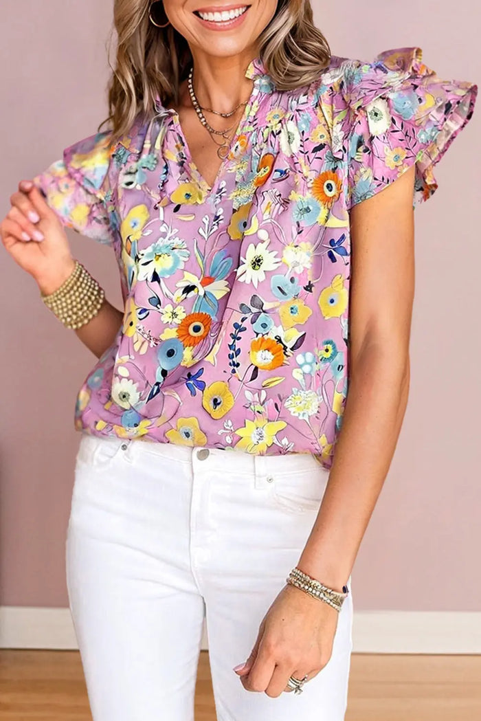 Pink Flutter Sleeve V Neck Floral Top - S - Tops/Blouses & Shirts