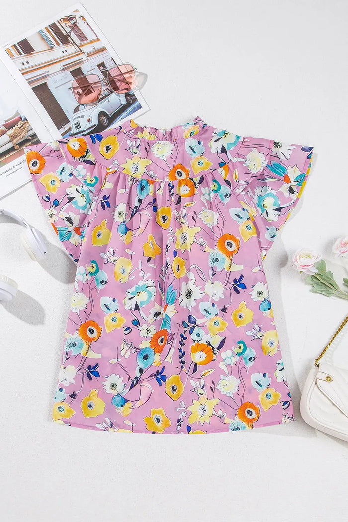 Pink Flutter Sleeve V Neck Floral Top - Tops/Blouses & Shirts
