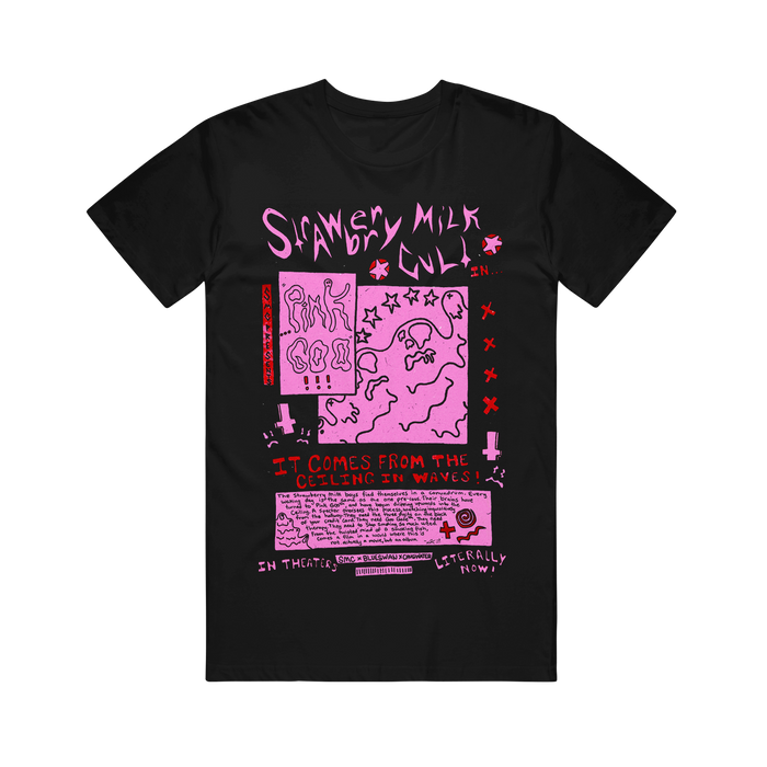 Stand out in this Strawberry Milk Cult Pink Goo T-Shirt—a black tee with a bold, hand-drawn pink graphic featuring abstract shapes, stars, and phrases like “Slavery Milk Cult” and “PINK GOO!!! It comes from the ceiling in waves!”.