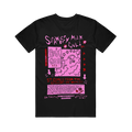 Stand out in this Strawberry Milk Cult Pink Goo T-Shirt—a black tee with a bold, hand-drawn pink graphic featuring abstract shapes, stars, and phrases like “Slavery Milk Cult” and “PINK GOO!!! It comes from the ceiling in waves!”.