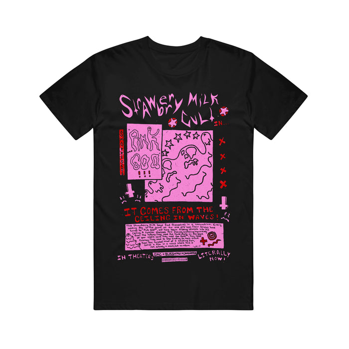Black graphic tee from Strawberry Milk Cult with bold pink, hand-drawn graphics and chaotic text—like “Slavery Milk Cult” and “It comes from the ceiling in waves!”—for a punk look inspired by Pink Goo.