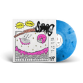 A blue marble vinyl LP partially slides out of an album cover with hand-drawn doodles, pink goo, stars, and "Noise Sounds by Strawberry Milk Cult, Album: Pink Goo" text on a white background.