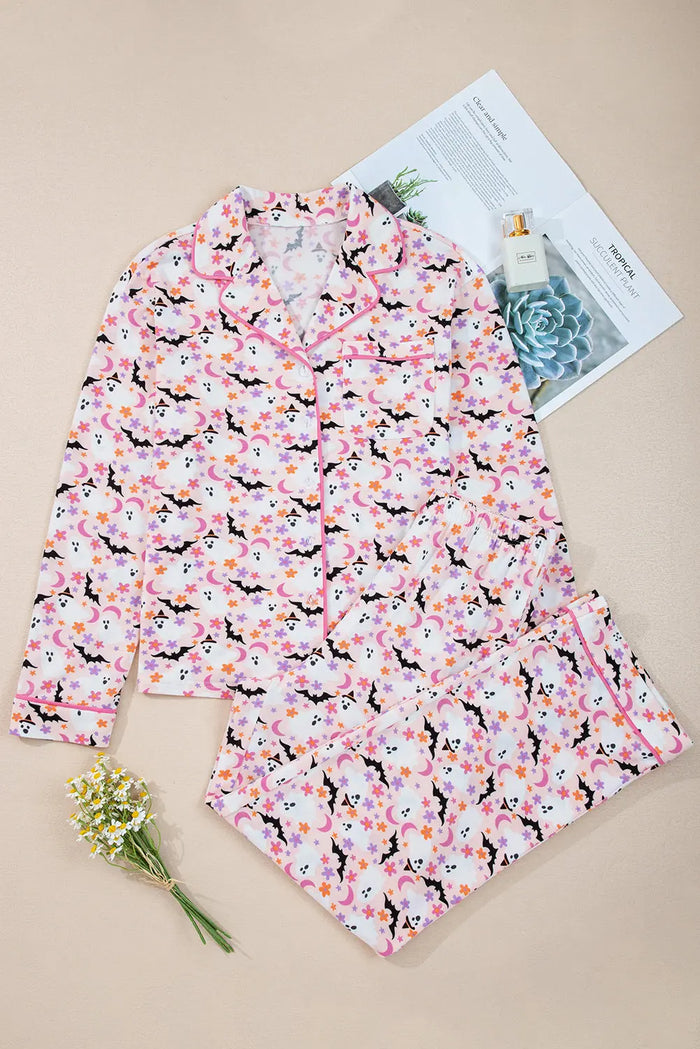 Pink Halloween Eve Haunted Honey Bat Print Pyjama Set - S - Loungewear & Sleepwear/Sleepwear