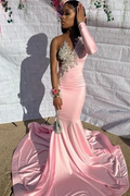 Pink One Sleeves Mermaid Prom Dress Waist-Skimming With Appliques