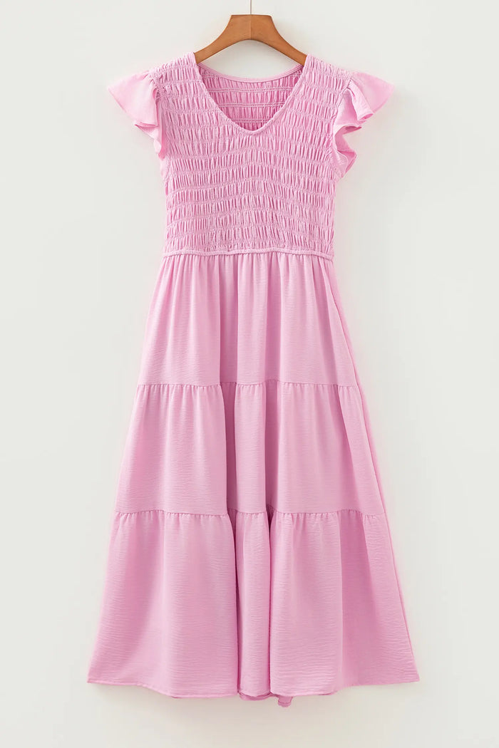 Pink Smocked Bodice Flutter Sleeve Fit Flare Tiered Midi Dress