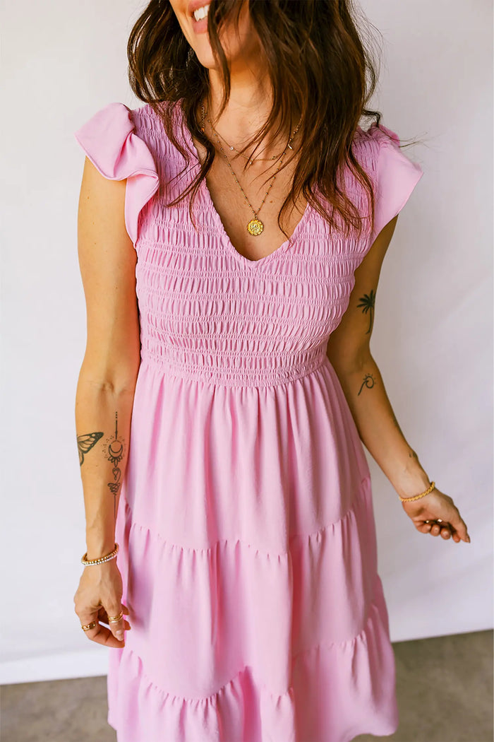 Pink Smocked Bodice Flutter Sleeve Fit Flare Tiered Midi Dress