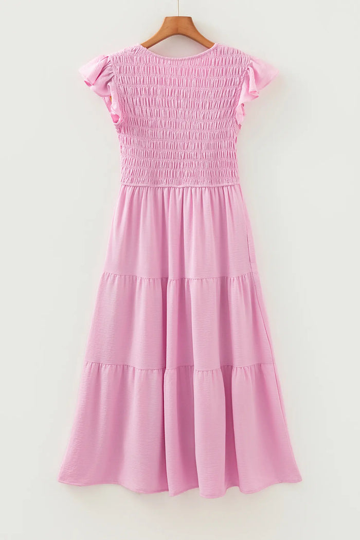 Pink Smocked Bodice Flutter Sleeve Fit Flare Tiered Midi Dress