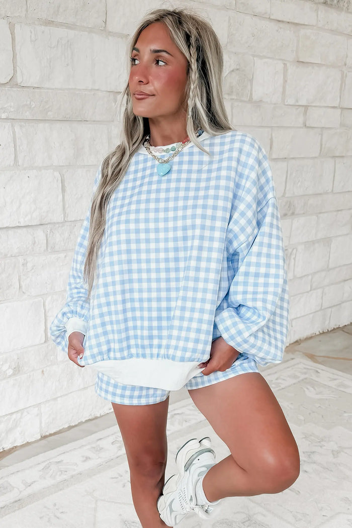 Plaid Baggy Pullover Drawstring Casual Shorts 2pcs Outfit – Pink
