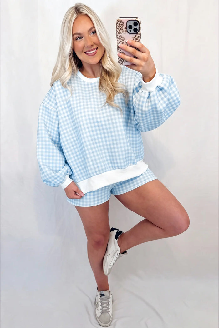 Plaid Baggy Pullover Drawstring Casual Shorts 2pcs Outfit – Pink