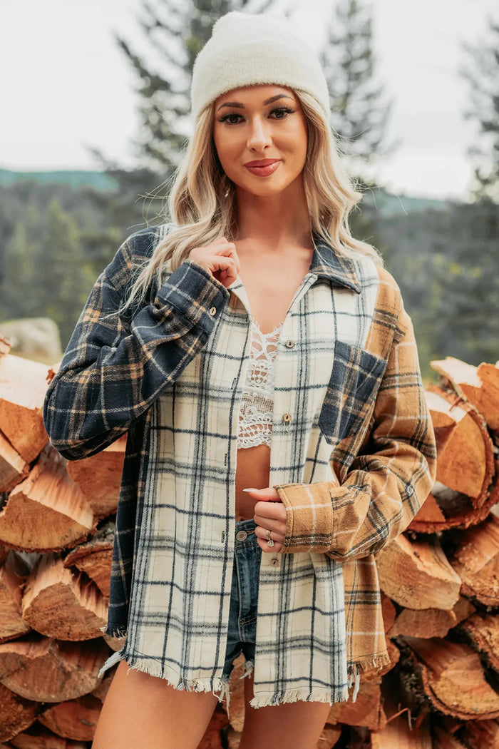 Plaid Button-Up Long Sleeve Shift Silhouette Shacket – Multicolour