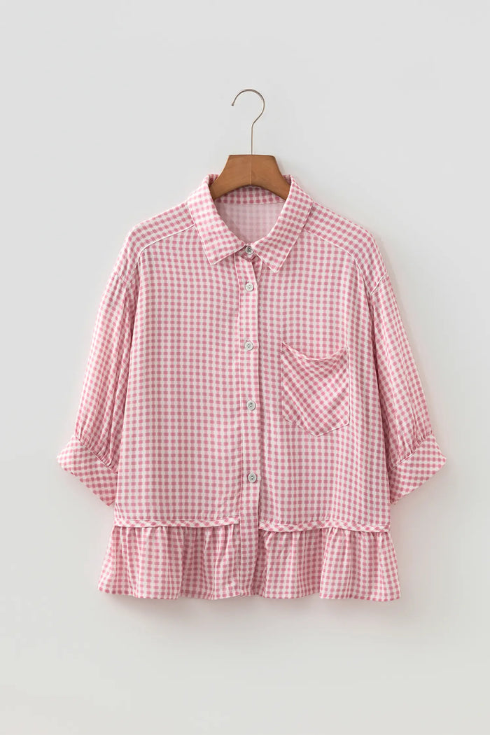 Plaid Half Sleeve Ruffle Hem Button Down Shirt – Pink
