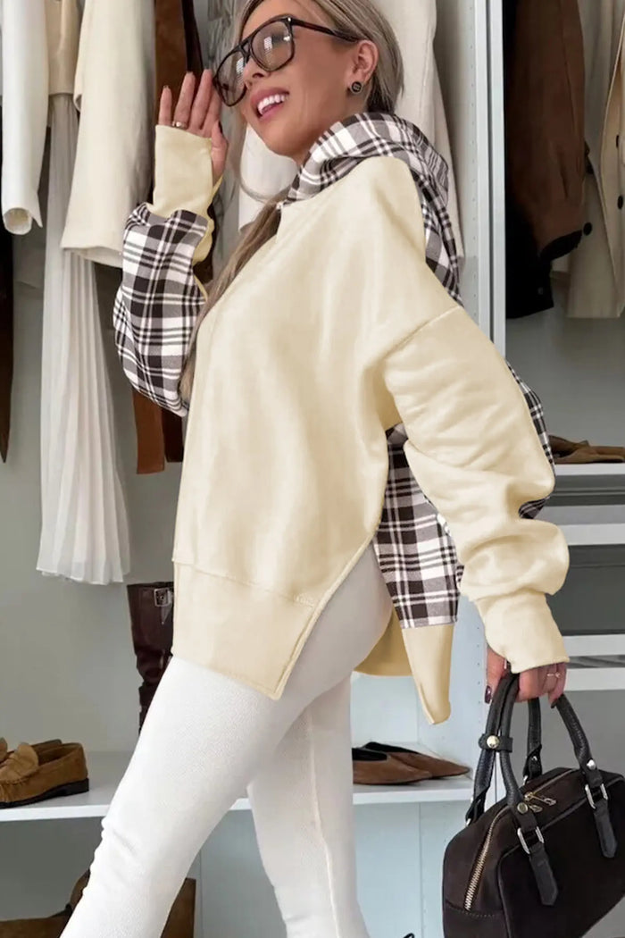Plaid Patchwork Side Slit Sweatshirt - Tops/Sweatshirts & Hoodies