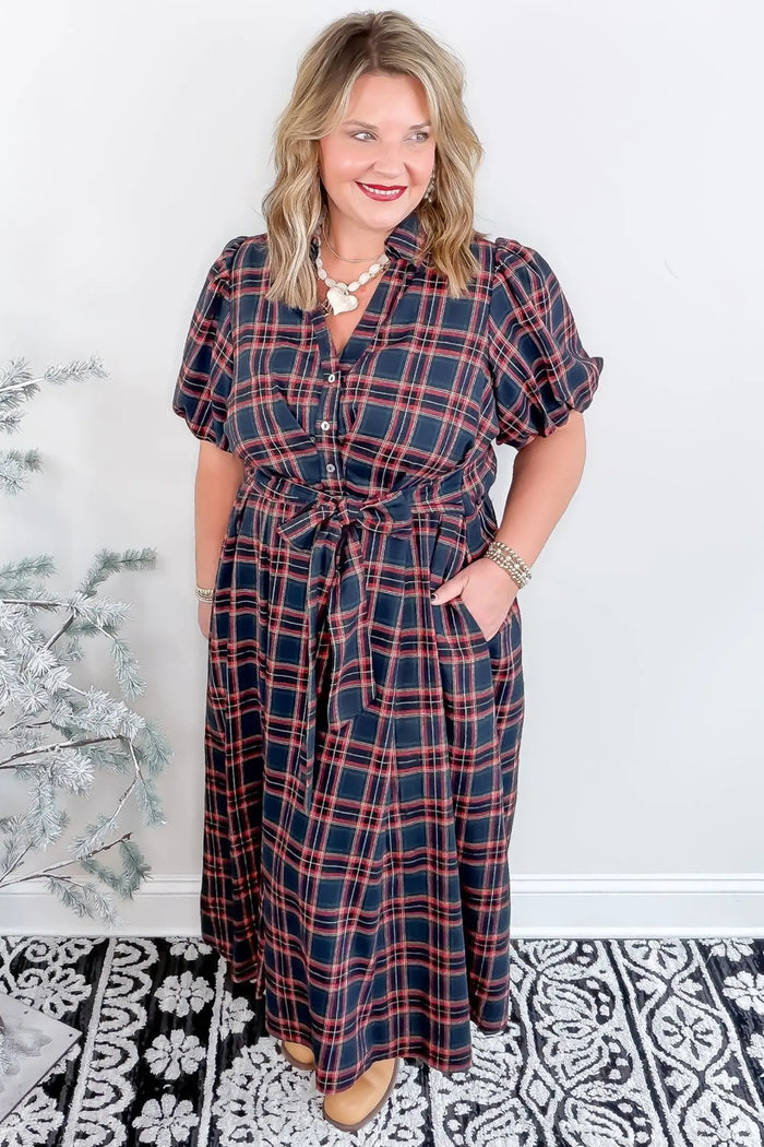 Plaid V Neck Belted Waist Short Sleeve Plus Size Dress – Black