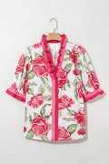 Plus Size Floral Print Frilled Stripe Short Sleeve Blouse – Rose