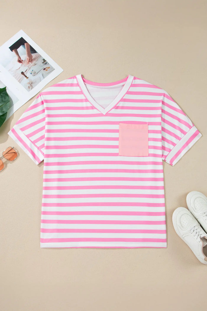 Plus Size Stripe Colourblock Patched Pocket V-Neck Tee