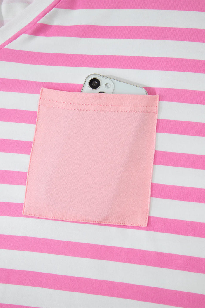 Plus Size Stripe Colourblock Patched Pocket V-Neck Tee