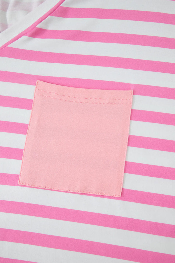 Plus Size Stripe Colourblock Patched Pocket V-Neck Tee