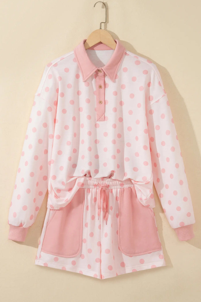 Polka Dot Drop Shoulder Polo Loose Pullover Patch Pocket Casual Shorts Set – Pink