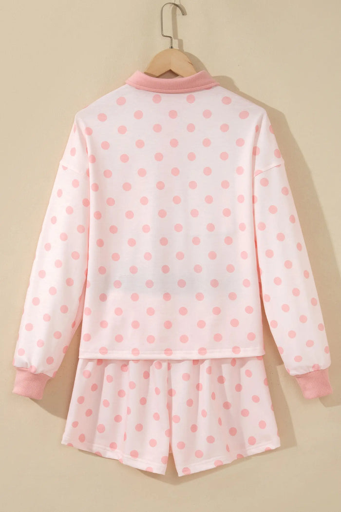 Polka Dot Drop Shoulder Polo Loose Pullover Patch Pocket Casual Shorts Set – Pink