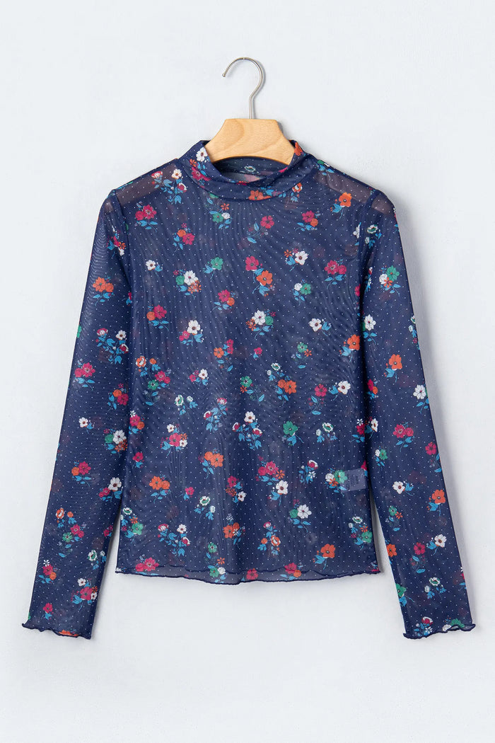 Polka Dot Floral Mesh Long Sleeve High Neck Pullover Sheath Top – Blue
