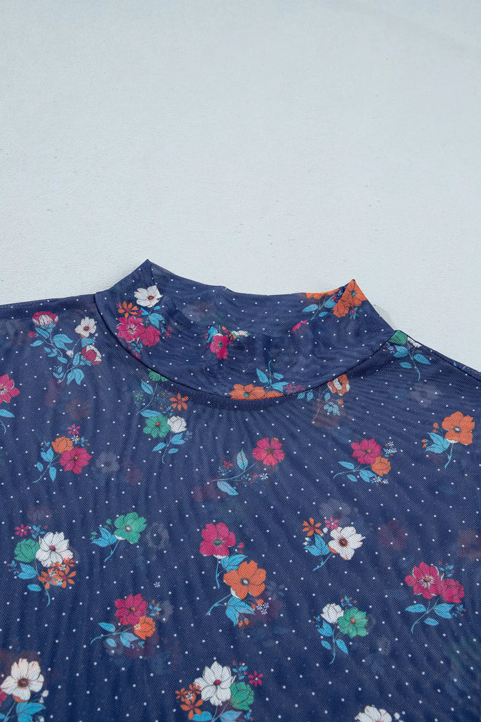 Polka Dot Floral Mesh Long Sleeve High Neck Pullover Sheath Top – Blue