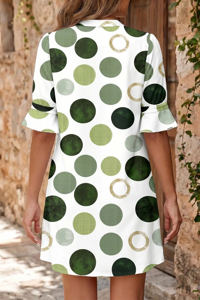 Polka Dot Print Flounced Half Sleeve Casual Vacation Style Mini Dress – Green