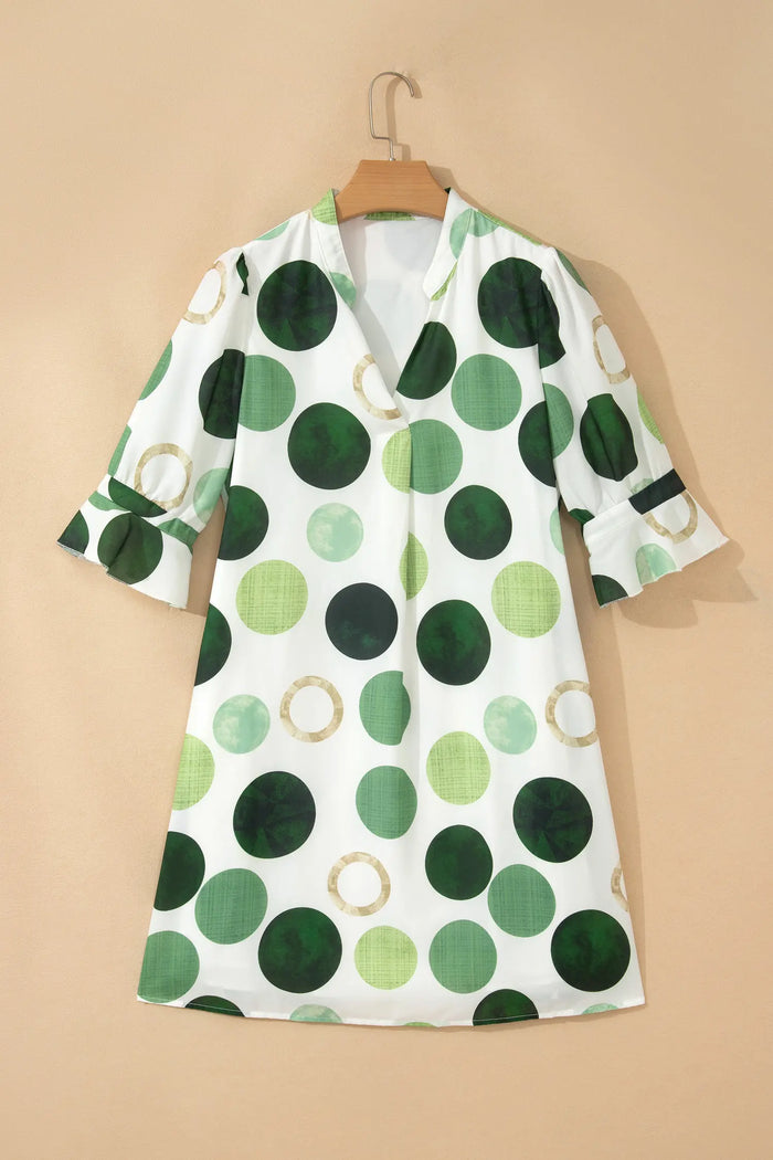 Polka Dot Print Flounced Half Sleeve Casual Vacation Style Mini Dress – Green