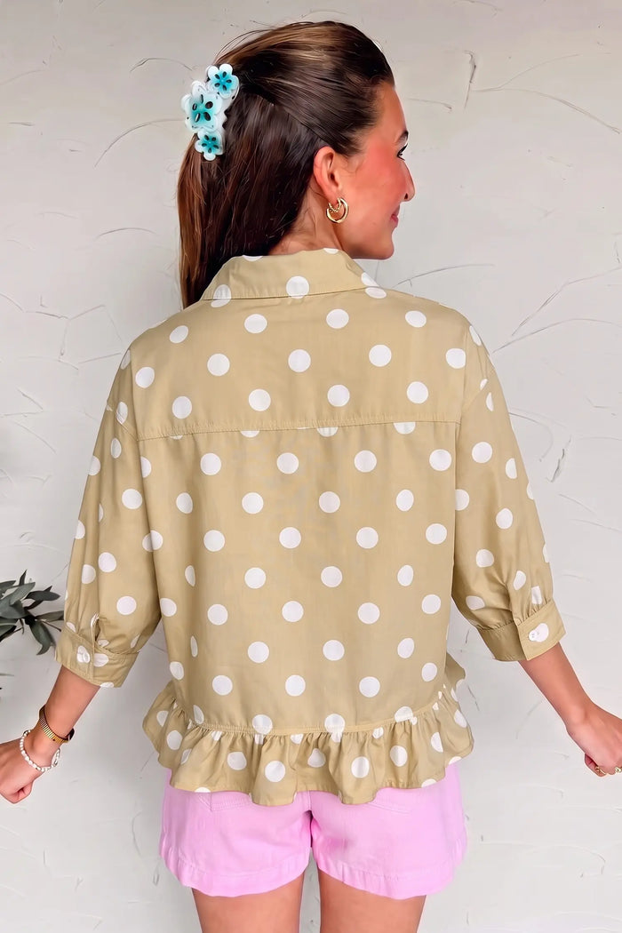 Polka Dot Print Three Quarter Sleeve Ruffle Hem Casual Shirt – Khaki