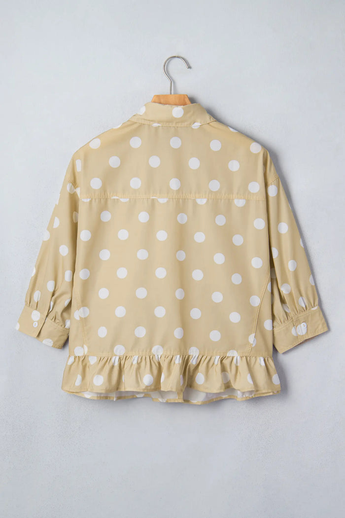 Polka Dot Print Three Quarter Sleeve Ruffle Hem Casual Shirt – Khaki